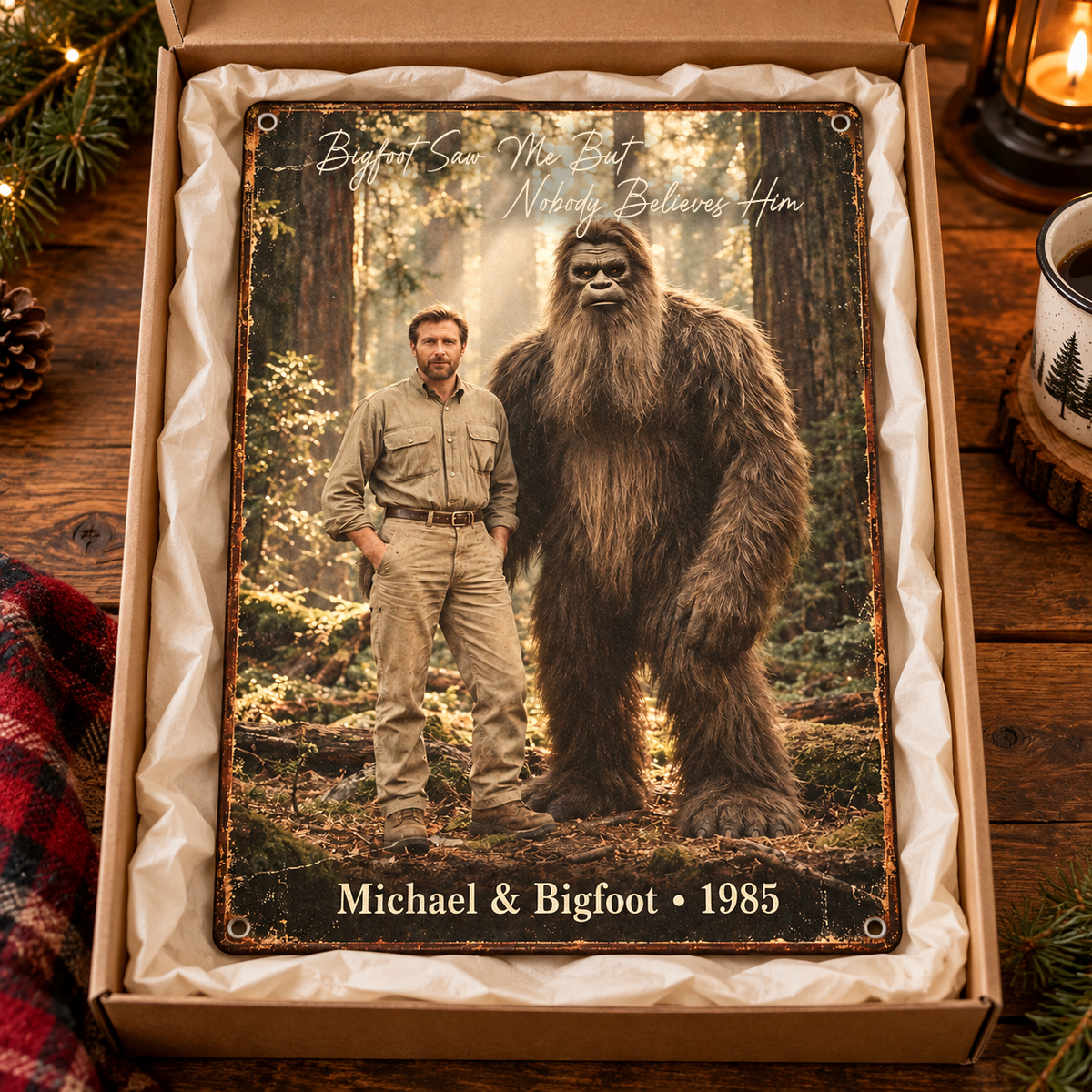 Bigfoot Saw Me – Personalized Bigfoot Encounter Photo, Name & Year Metal Sign