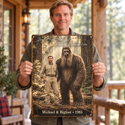 Bigfoot Saw Me – Personalized Bigfoot Encounter Photo, Name & Year Metal Sign