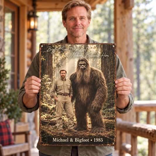 Bigfoot Saw Me – Personalized Bigfoot Encounter Photo, Name & Year Metal Sign