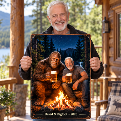 Campfire Memories with Bigfoot – Personalized Photo, Name & Year Metal Sign