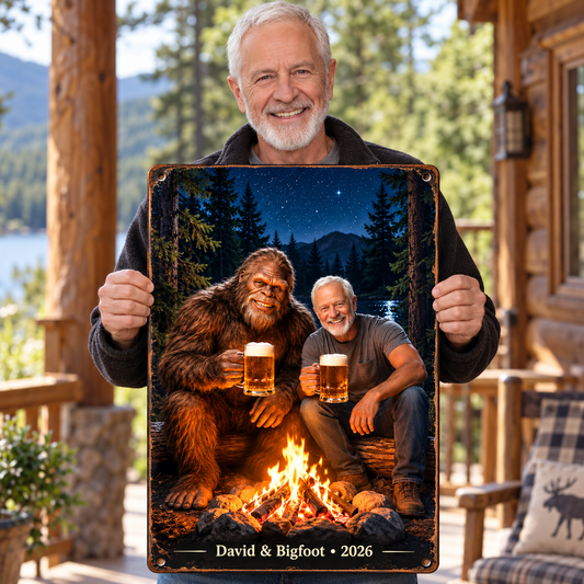 Campfire Memories with Bigfoot – Personalized Photo, Name & Year Metal Sign