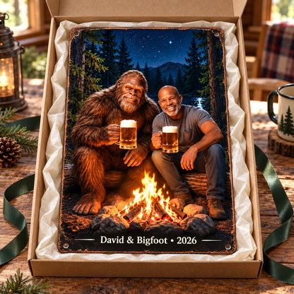 Campfire Memories with Bigfoot – Personalized Photo, Name & Year Metal Sign