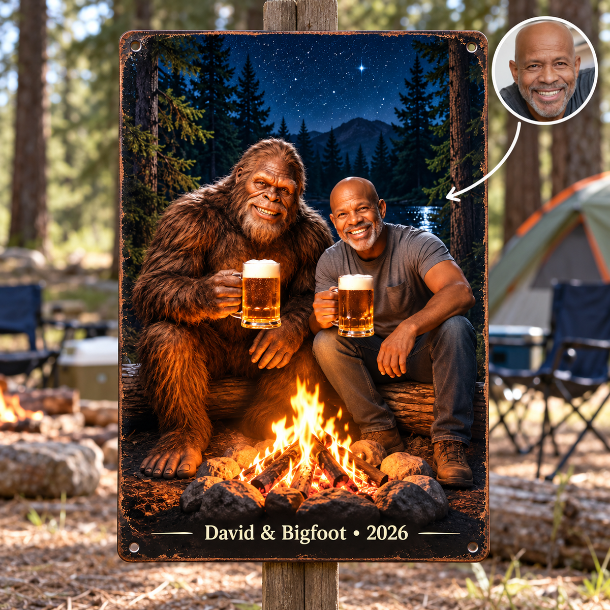 Campfire Memories with Bigfoot – Personalized Photo, Name & Year Metal Sign
