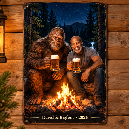 Campfire Memories with Bigfoot – Personalized Photo, Name & Year Metal Sign
