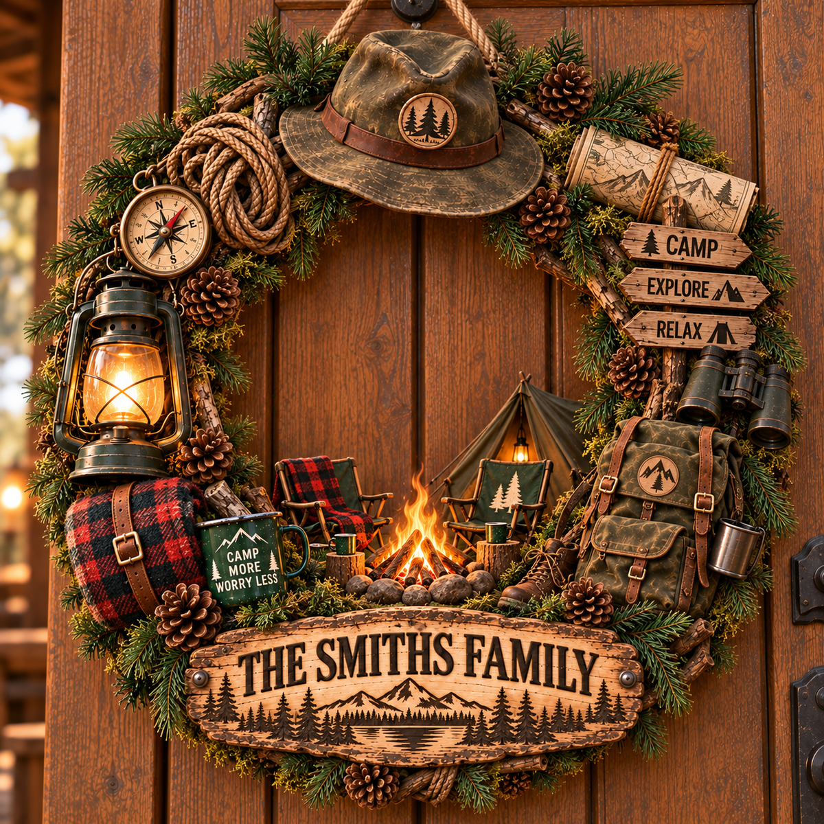 Custom Camping Wreath Wood Sign, Personalized Family Name Door Sign, Outdoor Adventure Camp Sign