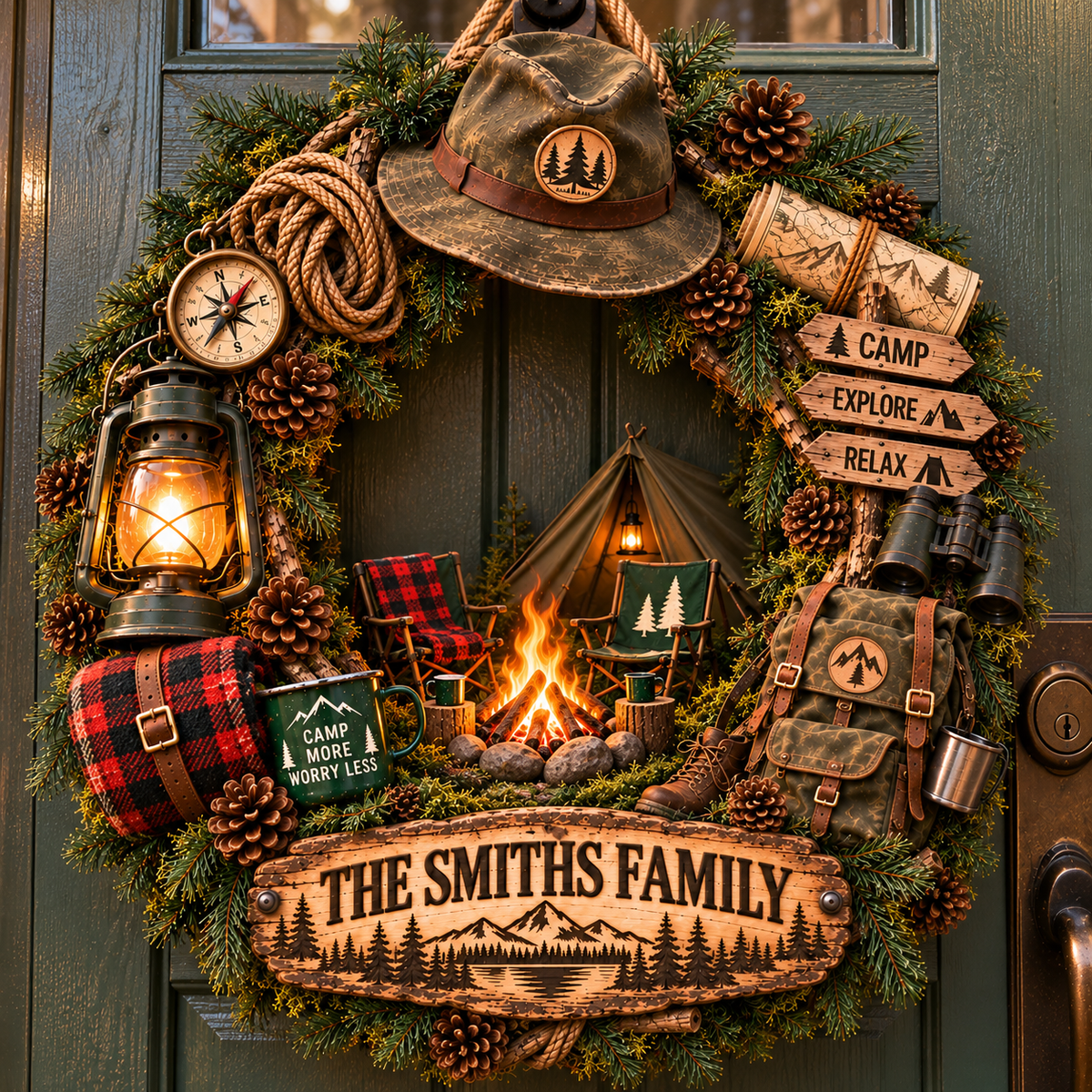 Custom Camping Wreath Wood Sign, Personalized Family Name Door Sign, Outdoor Adventure Camp Sign