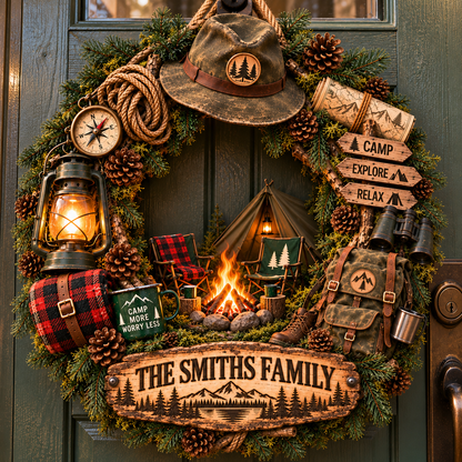 Custom Camping Wreath Wood Sign, Personalized Family Name Door Sign, Outdoor Adventure Camp Sign
