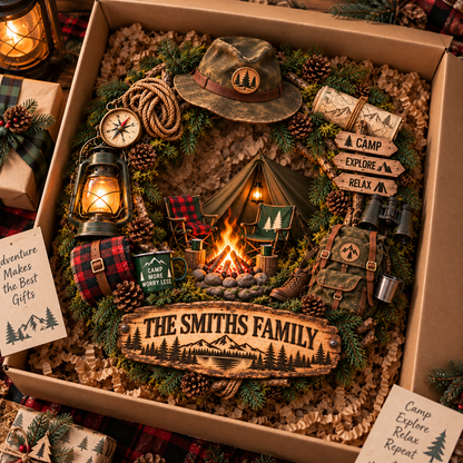 Custom Camping Wreath Wood Sign, Personalized Family Name Door Sign, Outdoor Adventure Camp Sign