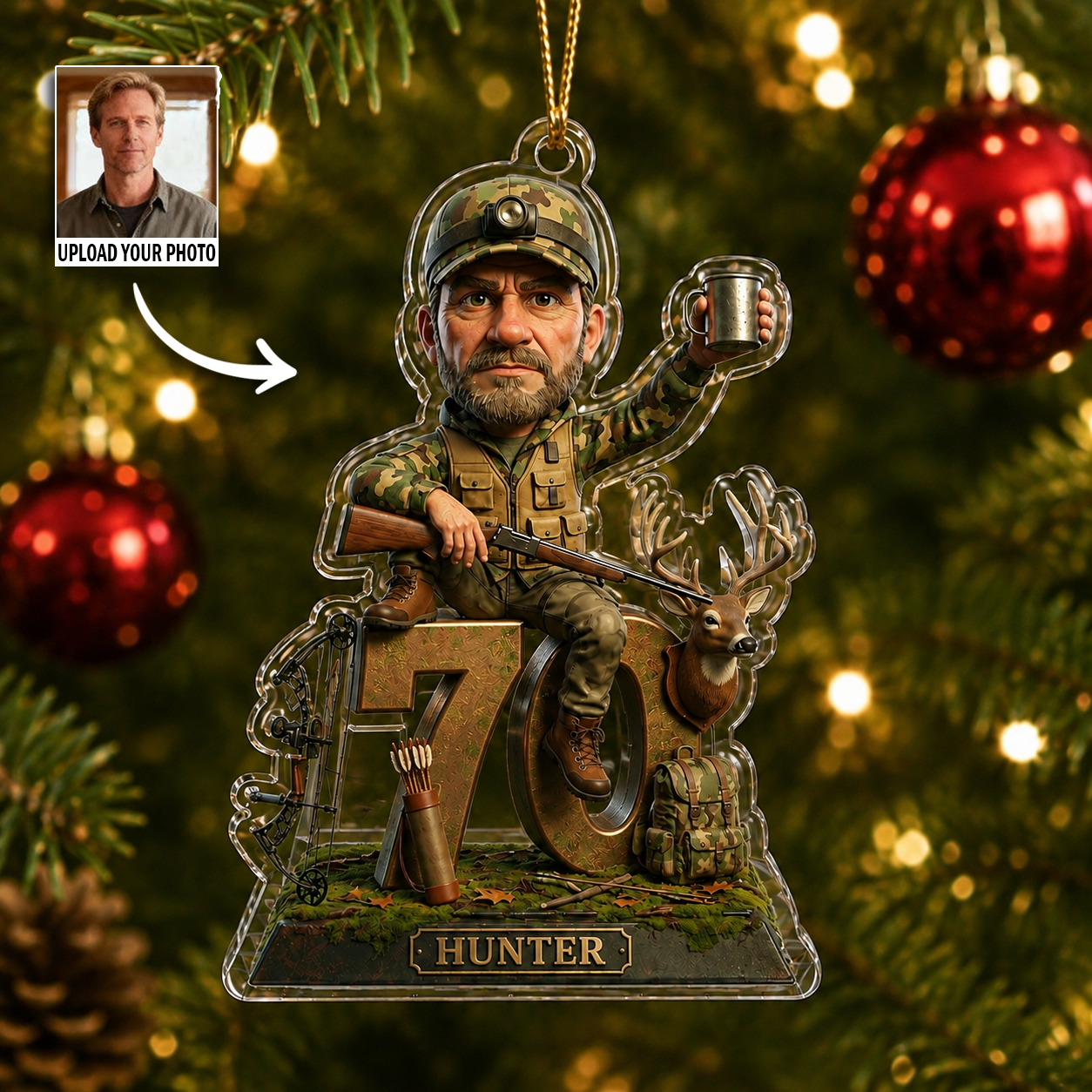 Personalized Deer Hunter Caricature Ornament