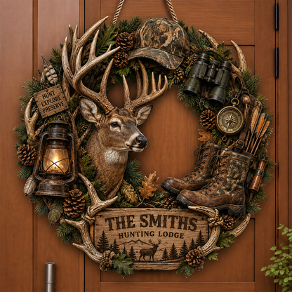 Custom Deer Hunting Wreath Wood Sign, Personalized Cabin Lodge Decor