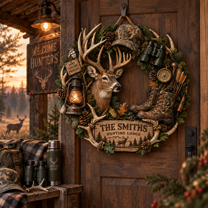 Custom Deer Hunting Wreath Wood Sign, Personalized Cabin Lodge Decor