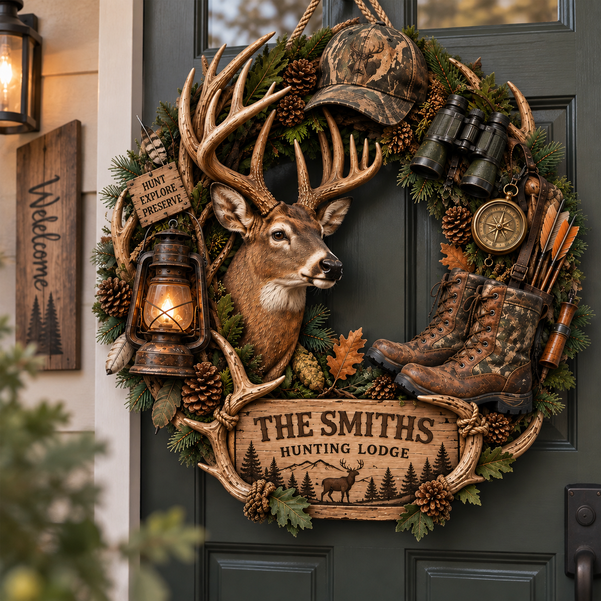 Custom Deer Hunting Wreath Wood Sign, Personalized Cabin Lodge Decor