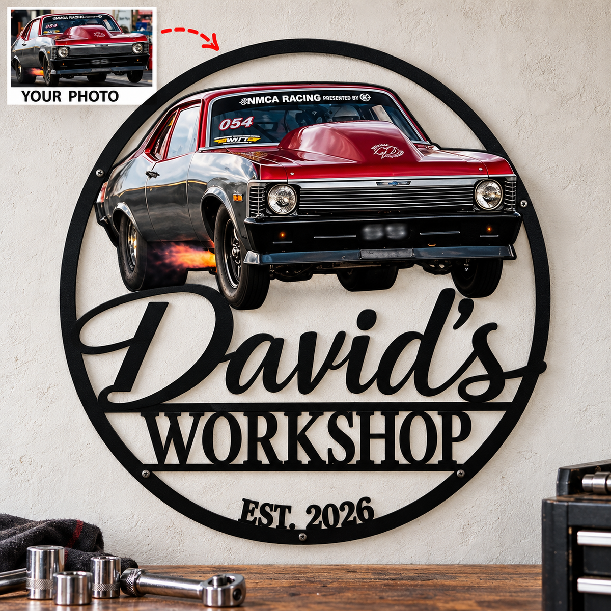 Drag Racing Pride – Personalized Race Car Photo, Name & Year Workshop Metal Sign