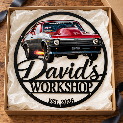 Drag Racing Pride – Personalized Race Car Photo, Name & Year Workshop Metal Sign