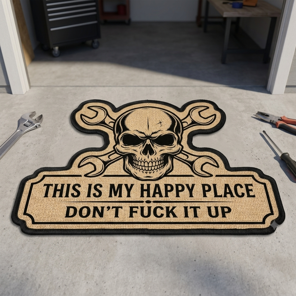 This Is My Happy Place Don't F*ck It Up Funny Skull Garage Shape Doormat