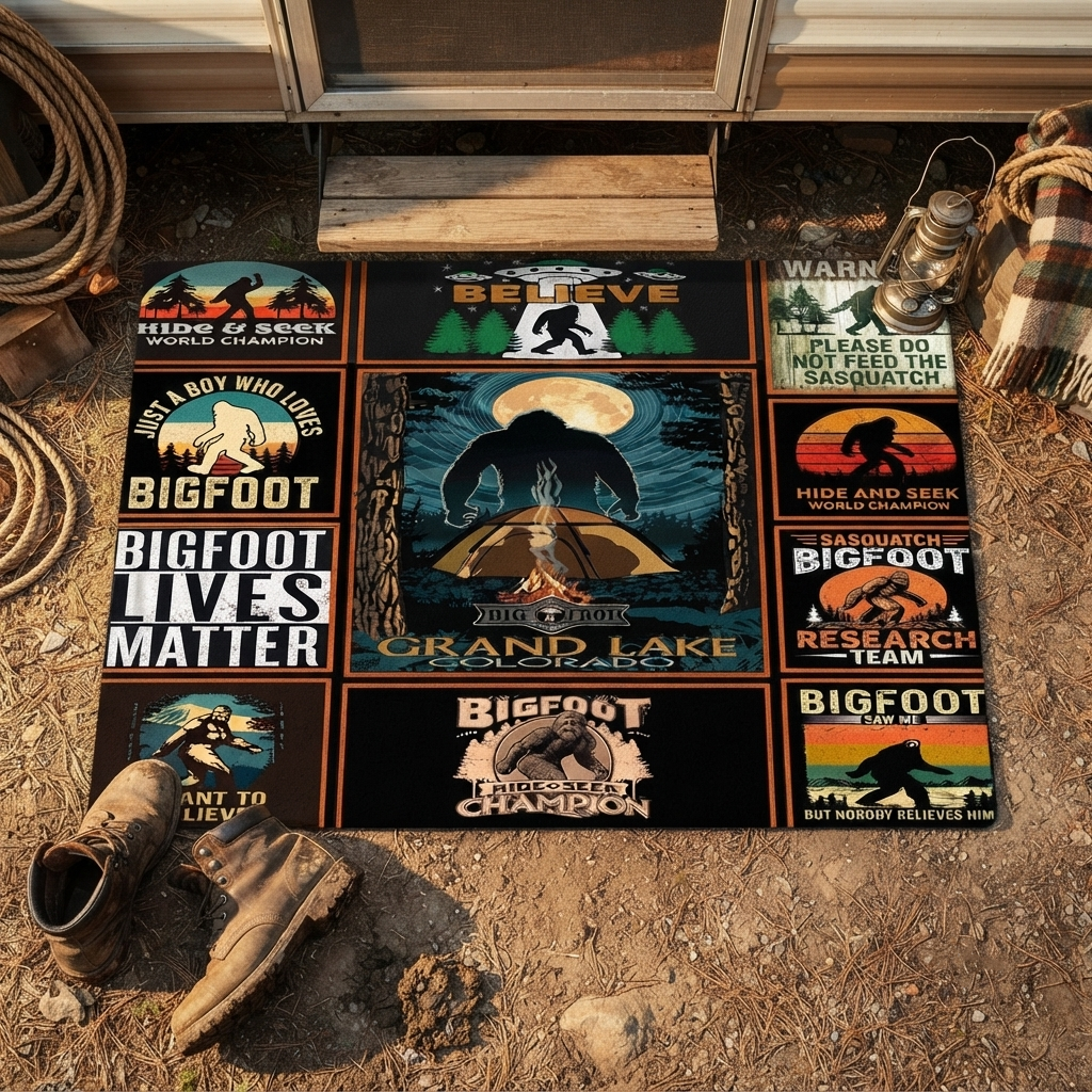 Vintage Bigfoot Camping Collage Doormat
