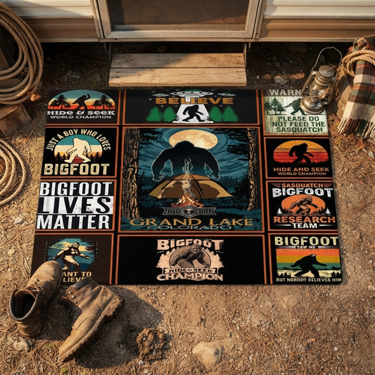 Vintage Bigfoot Camping Collage Doormat