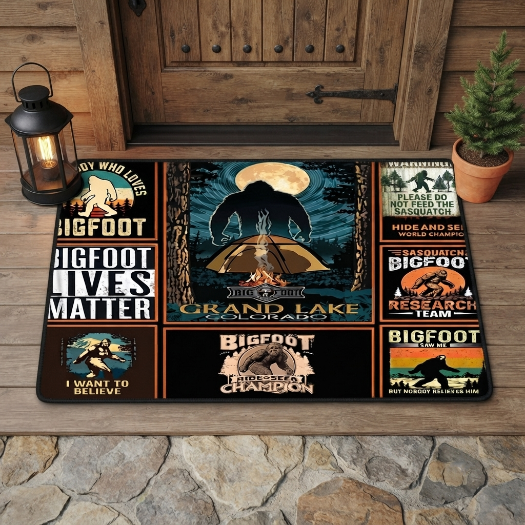 Vintage Bigfoot Camping Collage Doormat