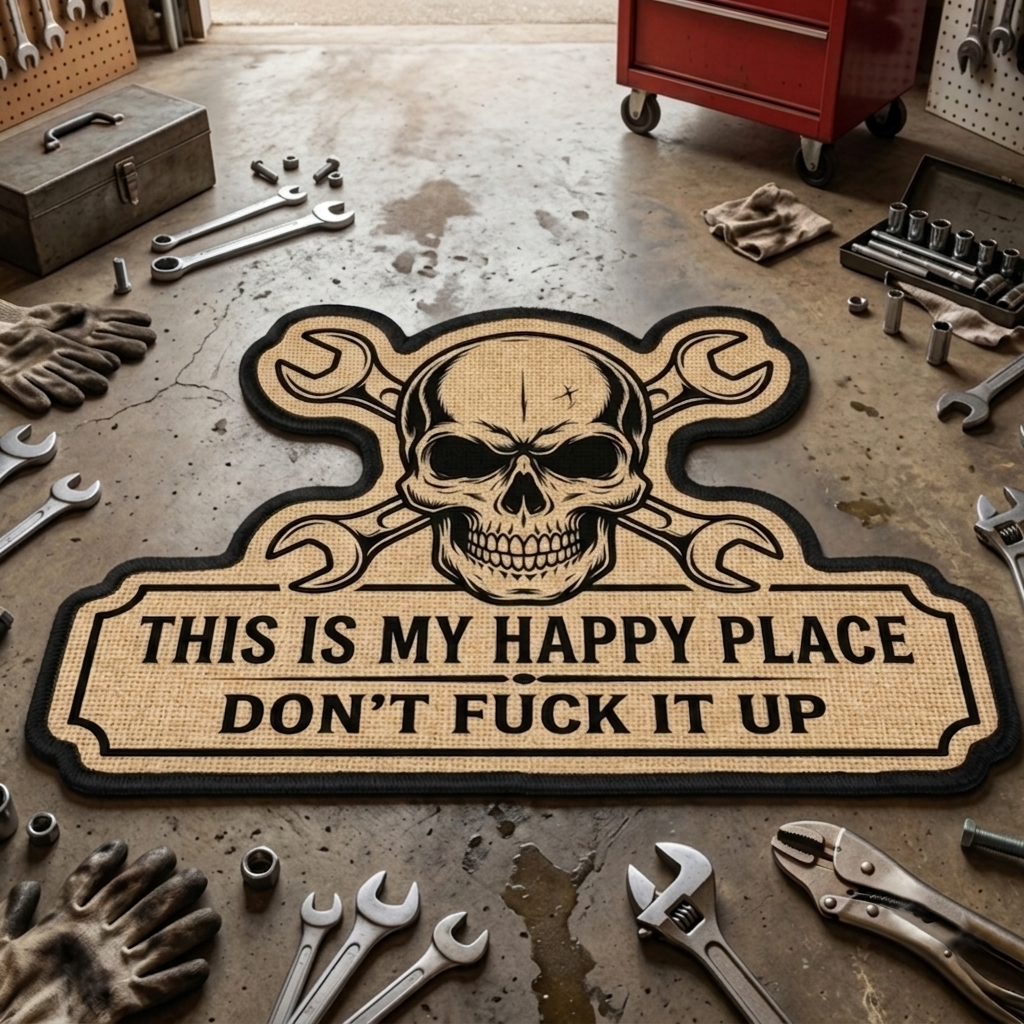 This Is My Happy Place Don't F*ck It Up Funny Skull Garage Shape Doormat