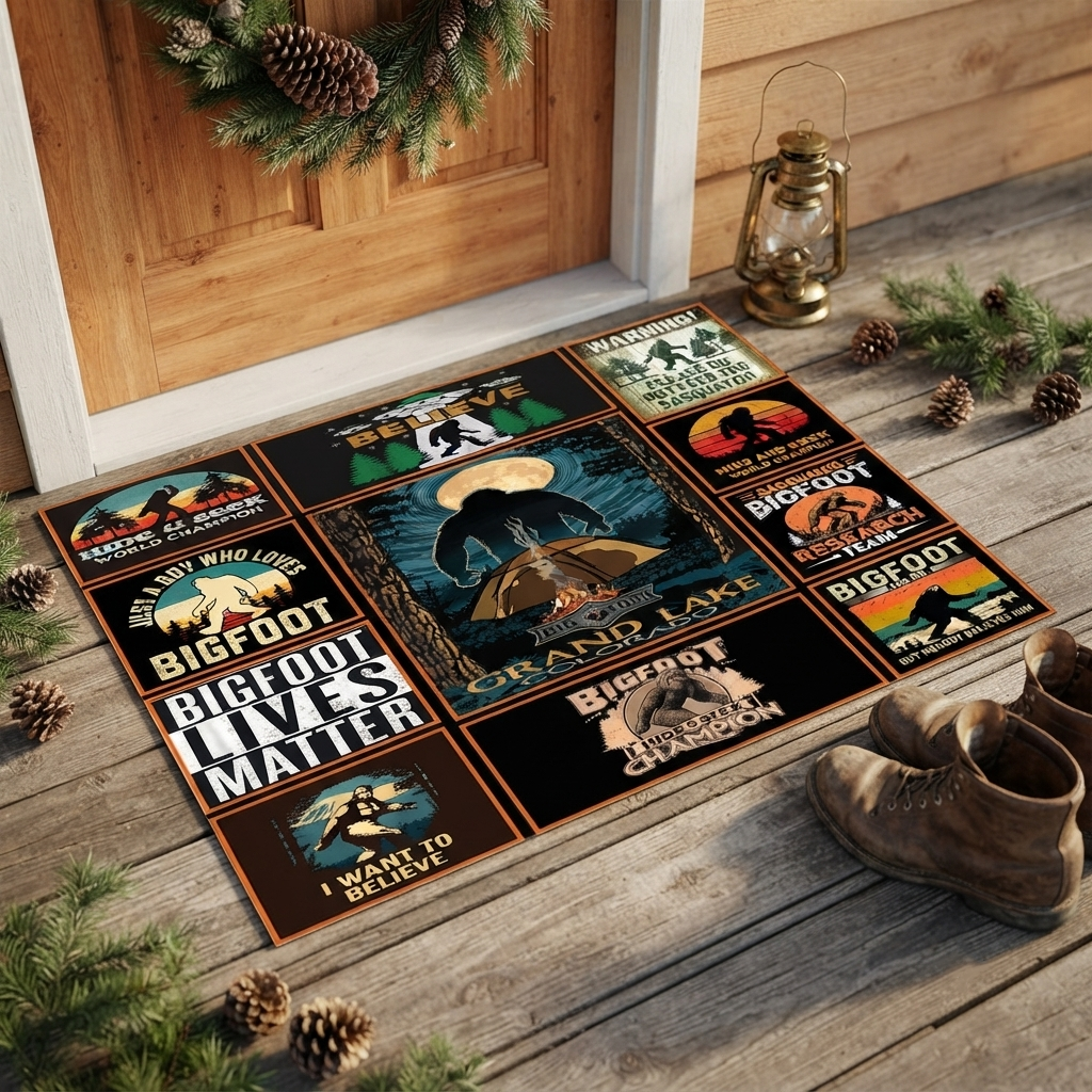Vintage Bigfoot Camping Collage Doormat