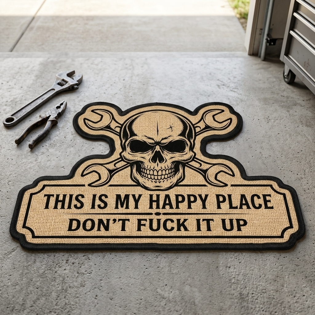 This Is My Happy Place Don't F*ck It Up Funny Skull Garage Shape Doormat