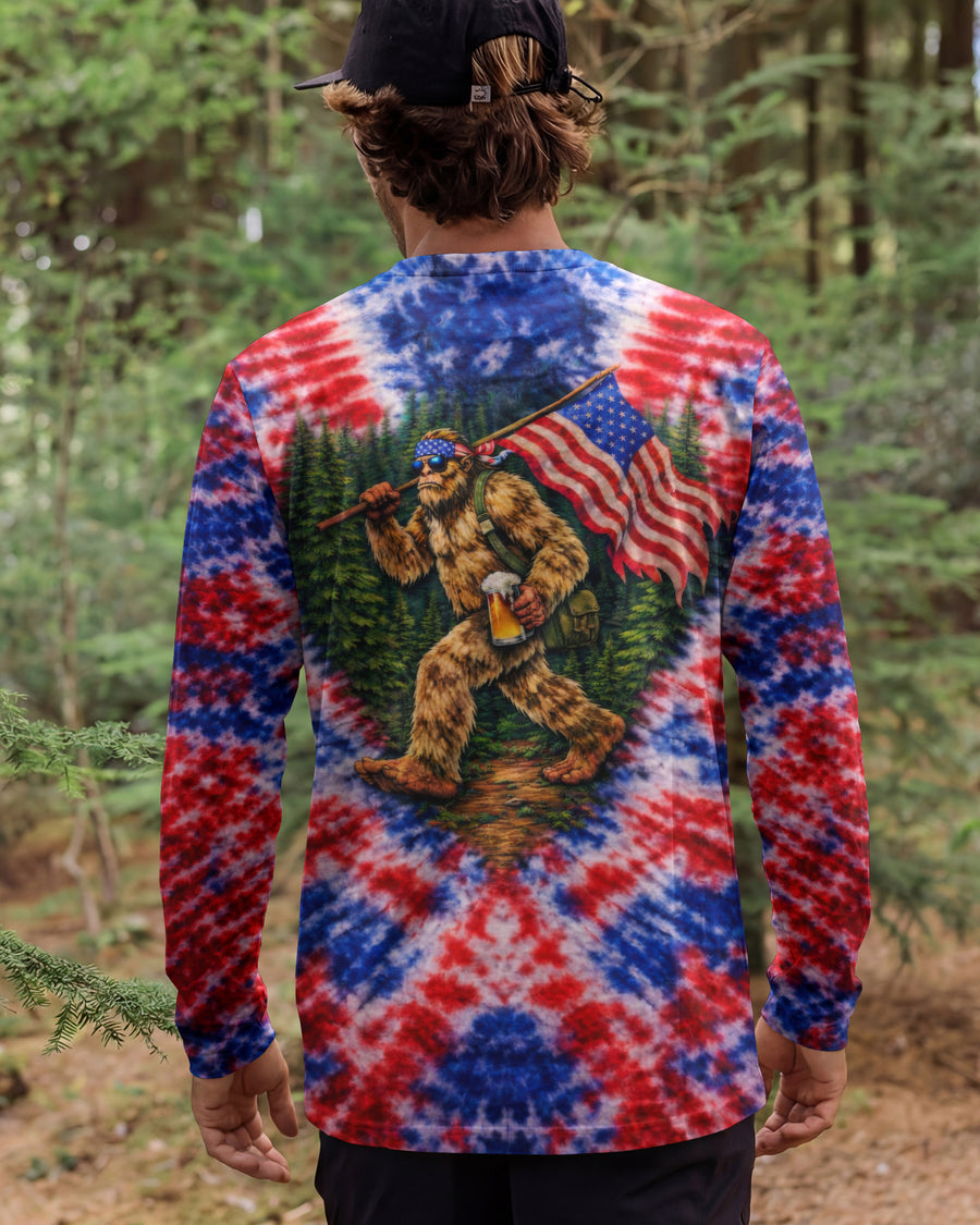 BIGFOOT WITH FLAG RED WHITE & BLUE SWIRL ALL OVER PRINT SHIRT