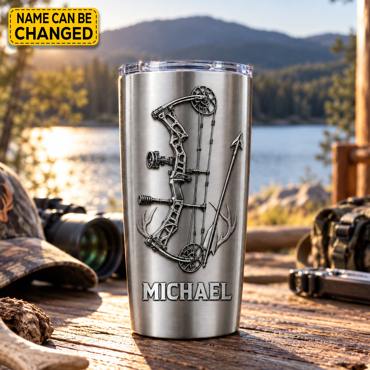 Personalized Archery Bow Stainless Steel Tumbler, Custom Hunter Travel Mug