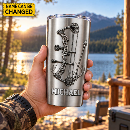 Personalized Archery Bow Stainless Steel Tumbler, Custom Hunter Travel Mug