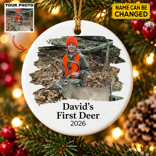 Personalized Deer Hunting Photo Christmas Ornament, Custom First Buck Keepsake