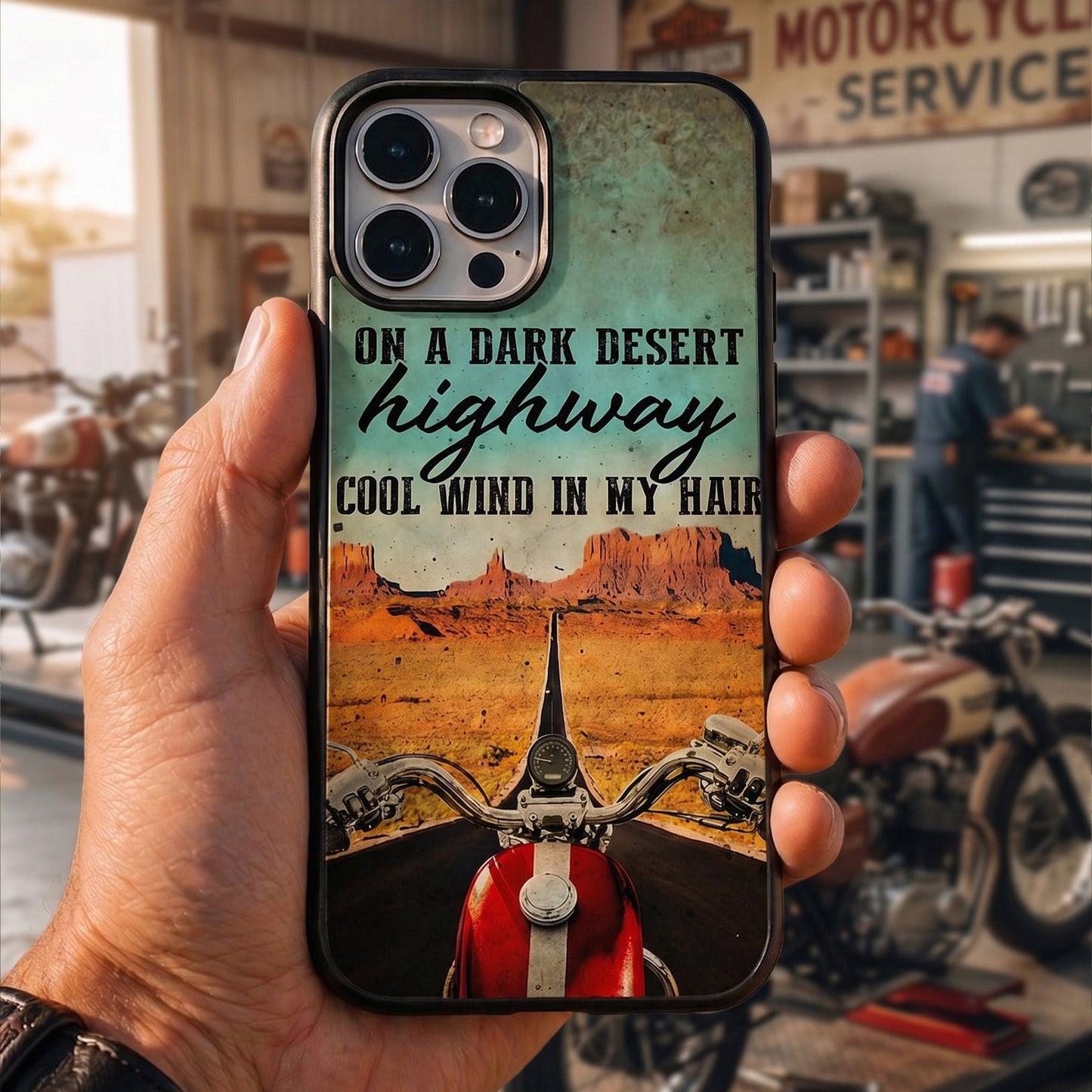 On A Dark Desert Biker Phone Case
