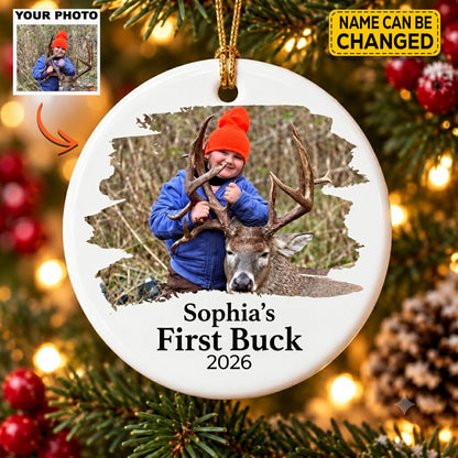 Personalized Deer Hunting Photo Christmas Ornament, Custom First Buck Keepsake