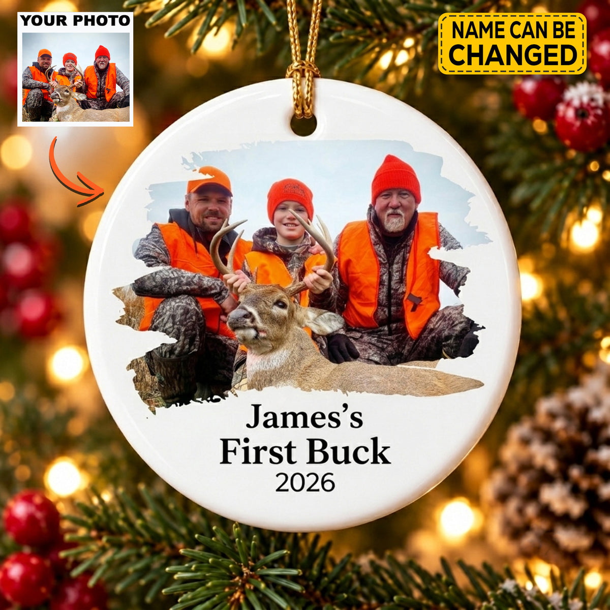 Personalized Deer Hunting Photo Christmas Ornament, Custom First Buck Keepsake