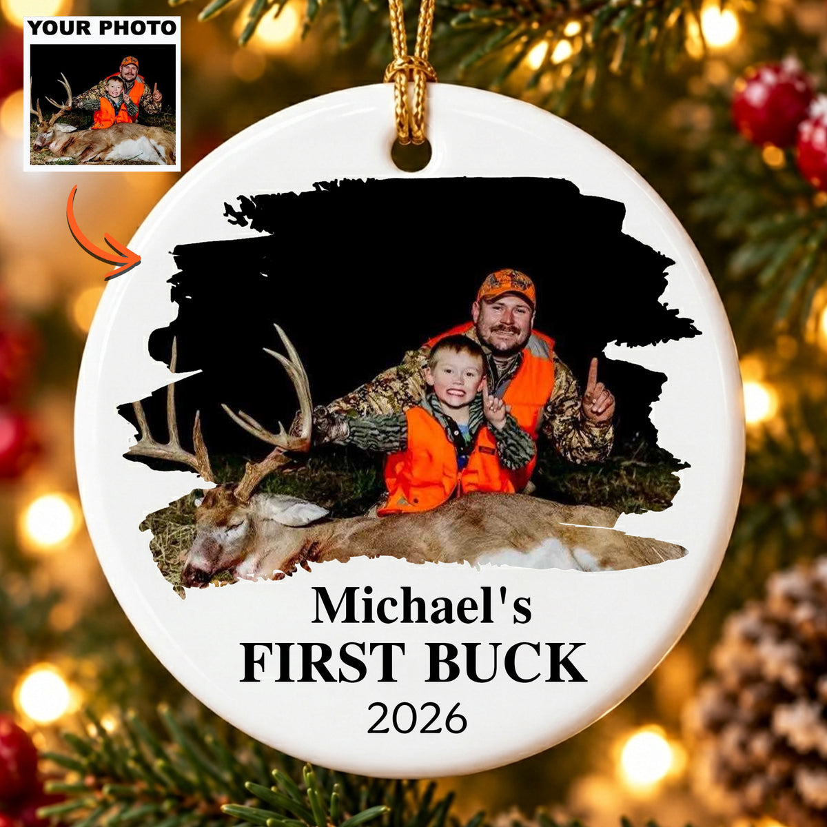 Personalized Deer Hunting Photo Christmas Ornament, Custom First Buck Keepsake