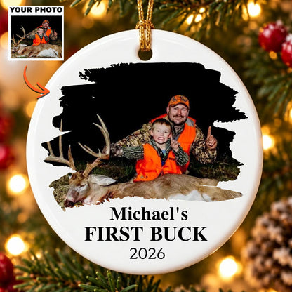 Personalized Deer Hunting Photo Christmas Ornament, Custom First Buck Keepsake