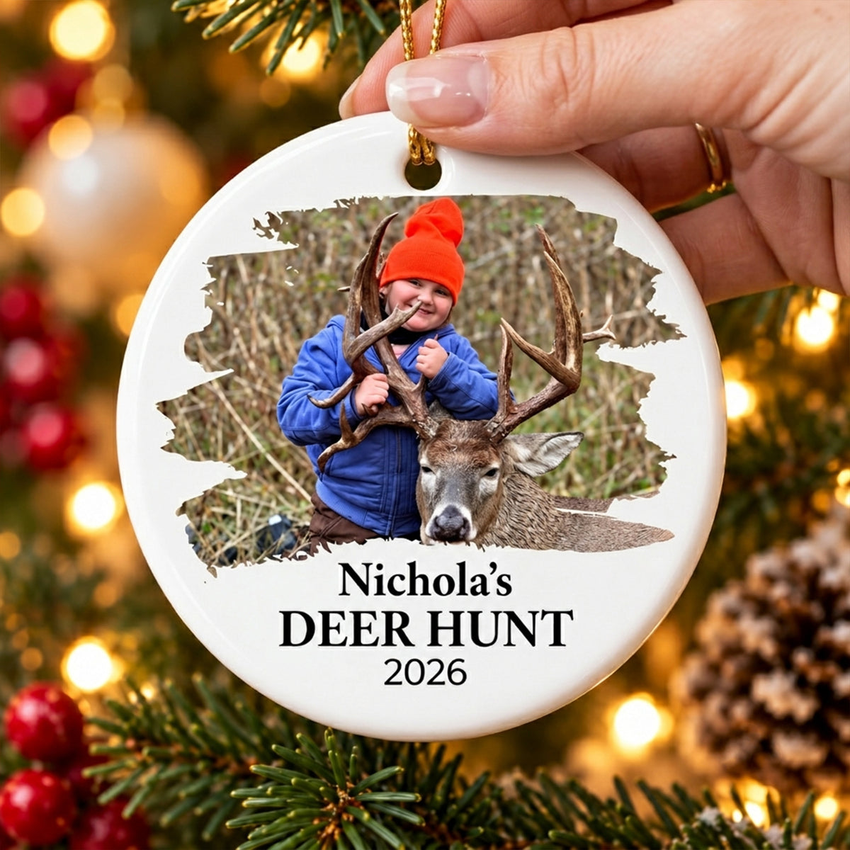 Personalized Deer Hunting Photo Christmas Ornament, Custom First Buck Keepsake