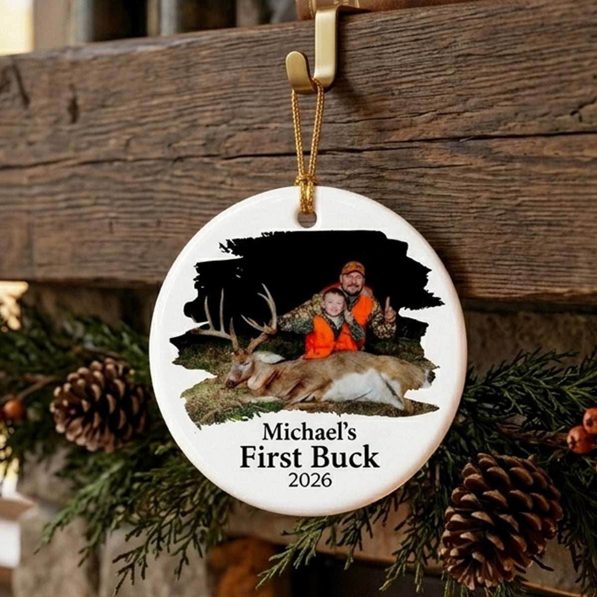 Personalized Deer Hunting Photo Christmas Ornament, Custom First Buck Keepsake
