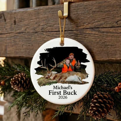 Personalized Deer Hunting Photo Christmas Ornament, Custom First Buck Keepsake