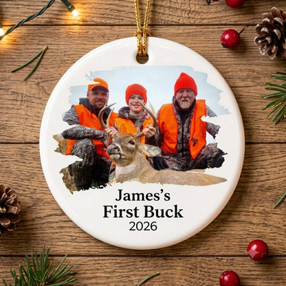 Personalized Deer Hunting Photo Christmas Ornament, Custom First Buck Keepsake