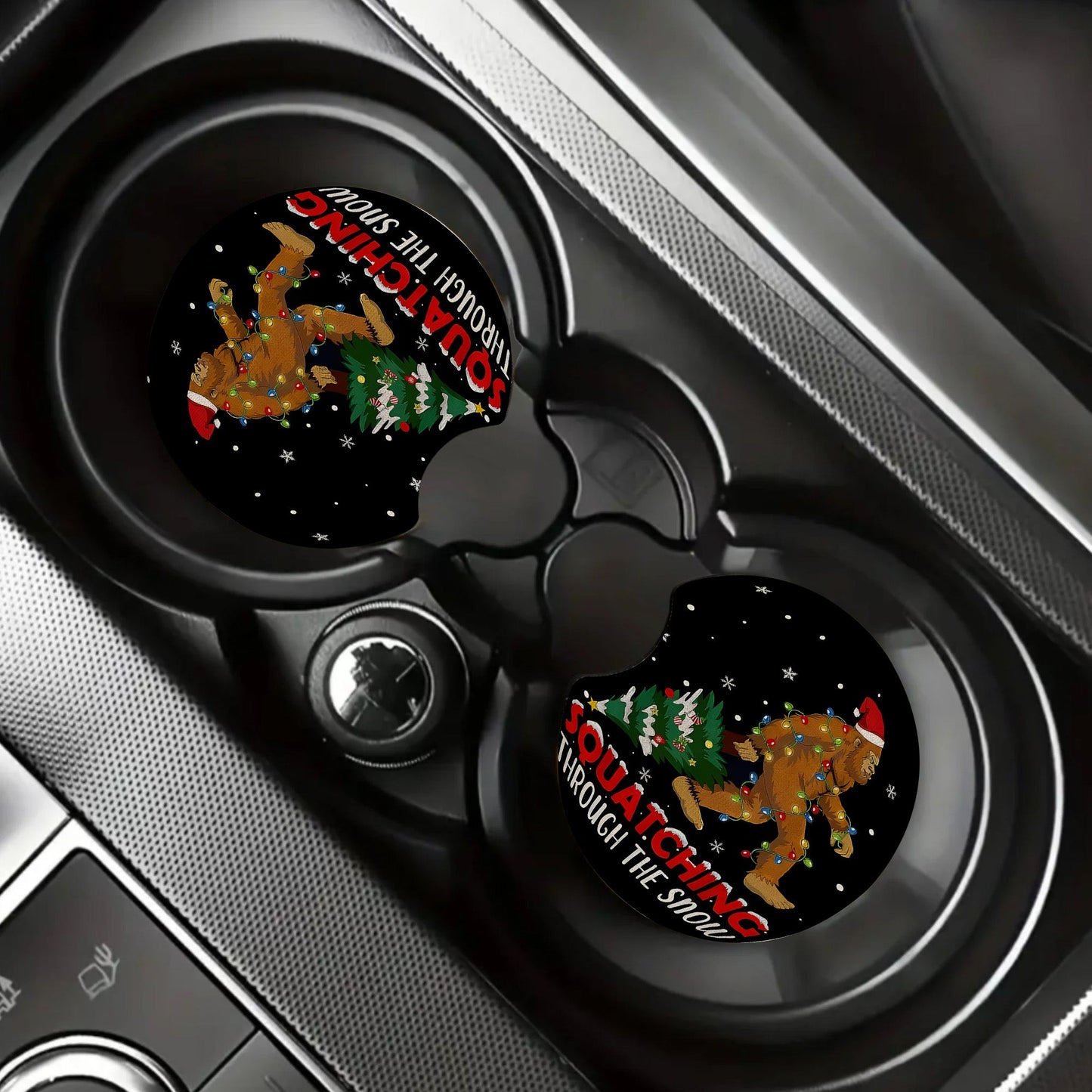 Funny Sasquatch & Christmas Tree Car Coaster