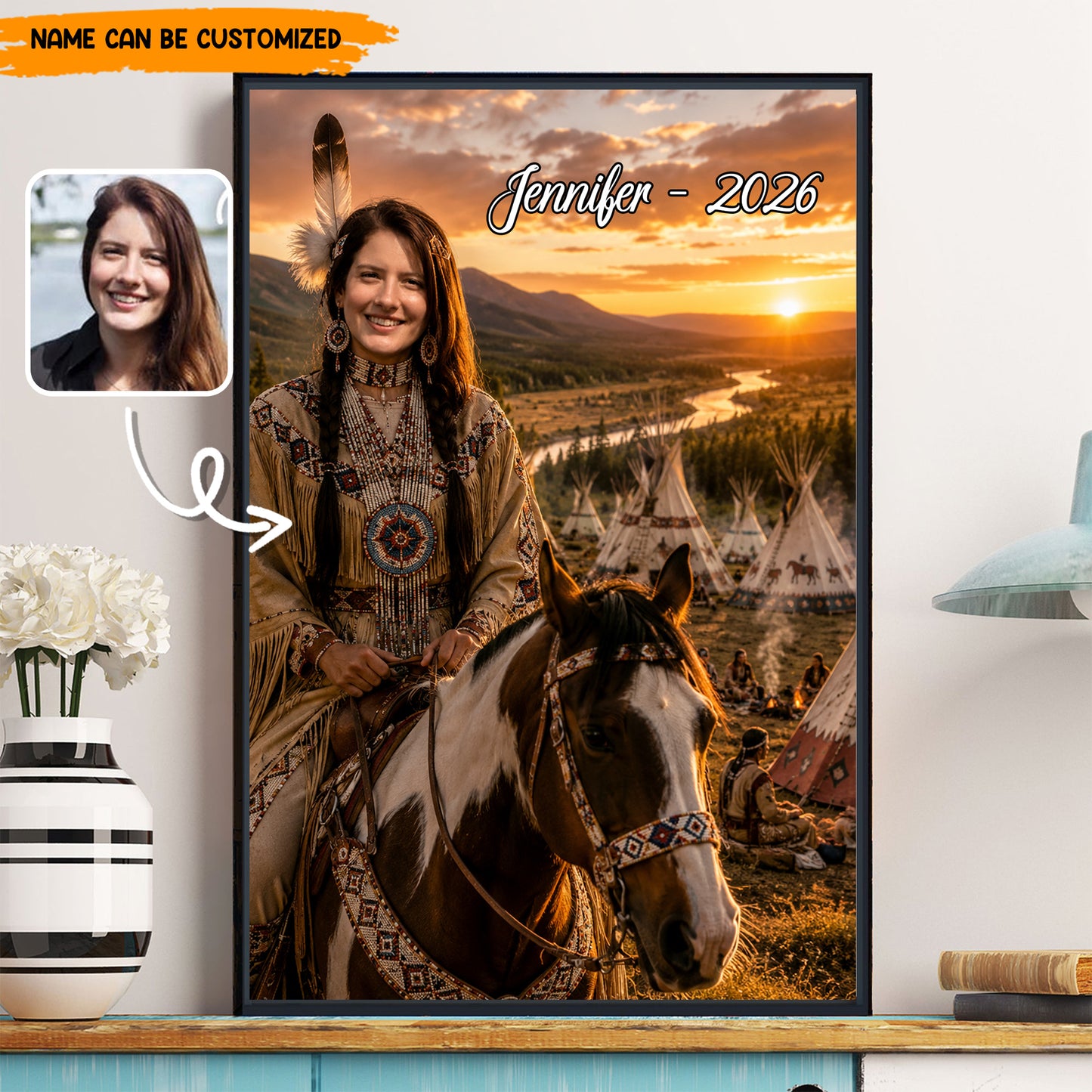 Personalized Native American Portrait, Custom Photo to Native Woman Riding Horse Poster & Canvas