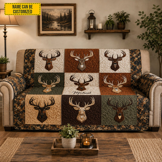 Personalized Quilted Sofa Cover – Rustic Buck & Stag Deer Hunting Decor