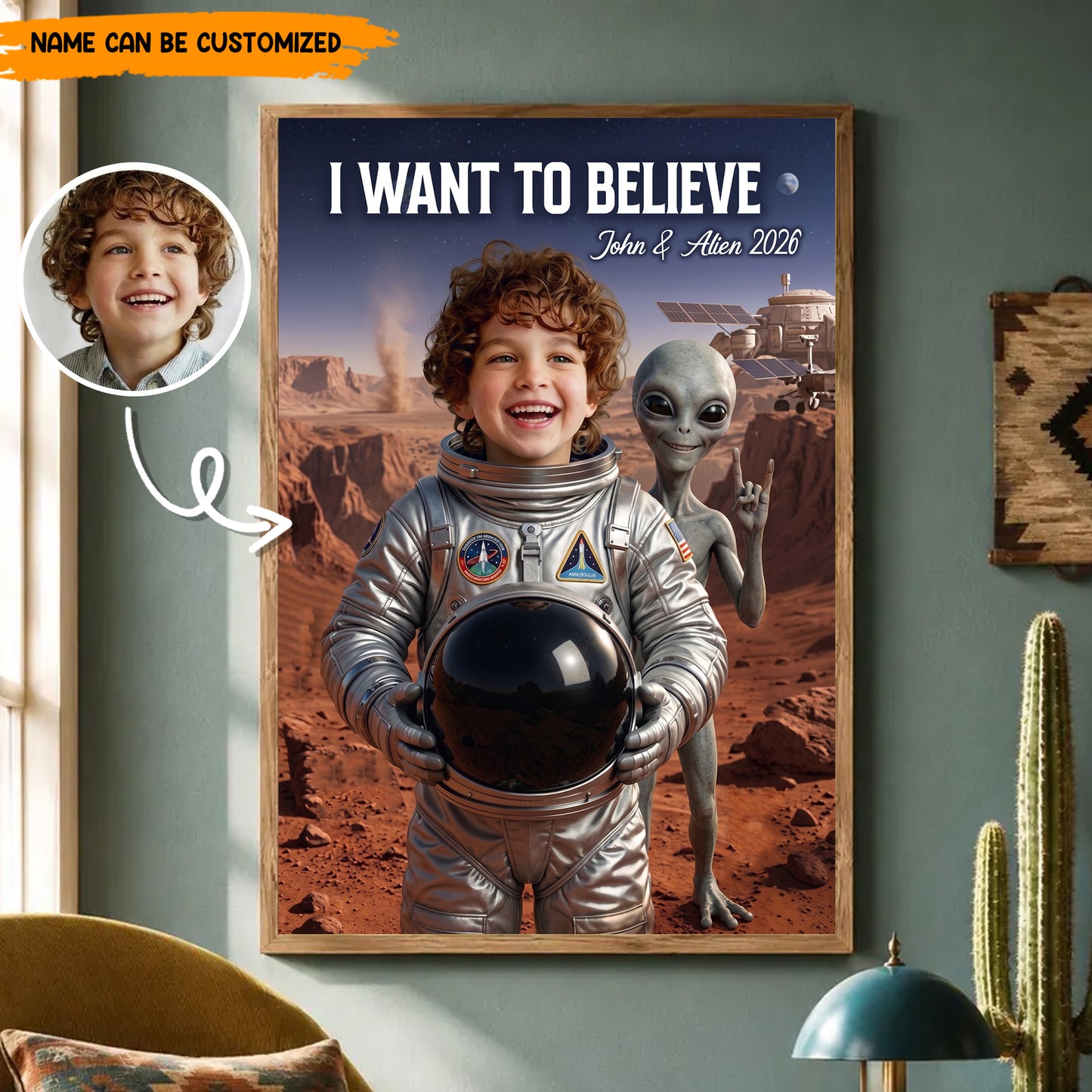 I Want To Believe – Personalized Alien Space Photo Poster Canvas, Space Gift For Kids