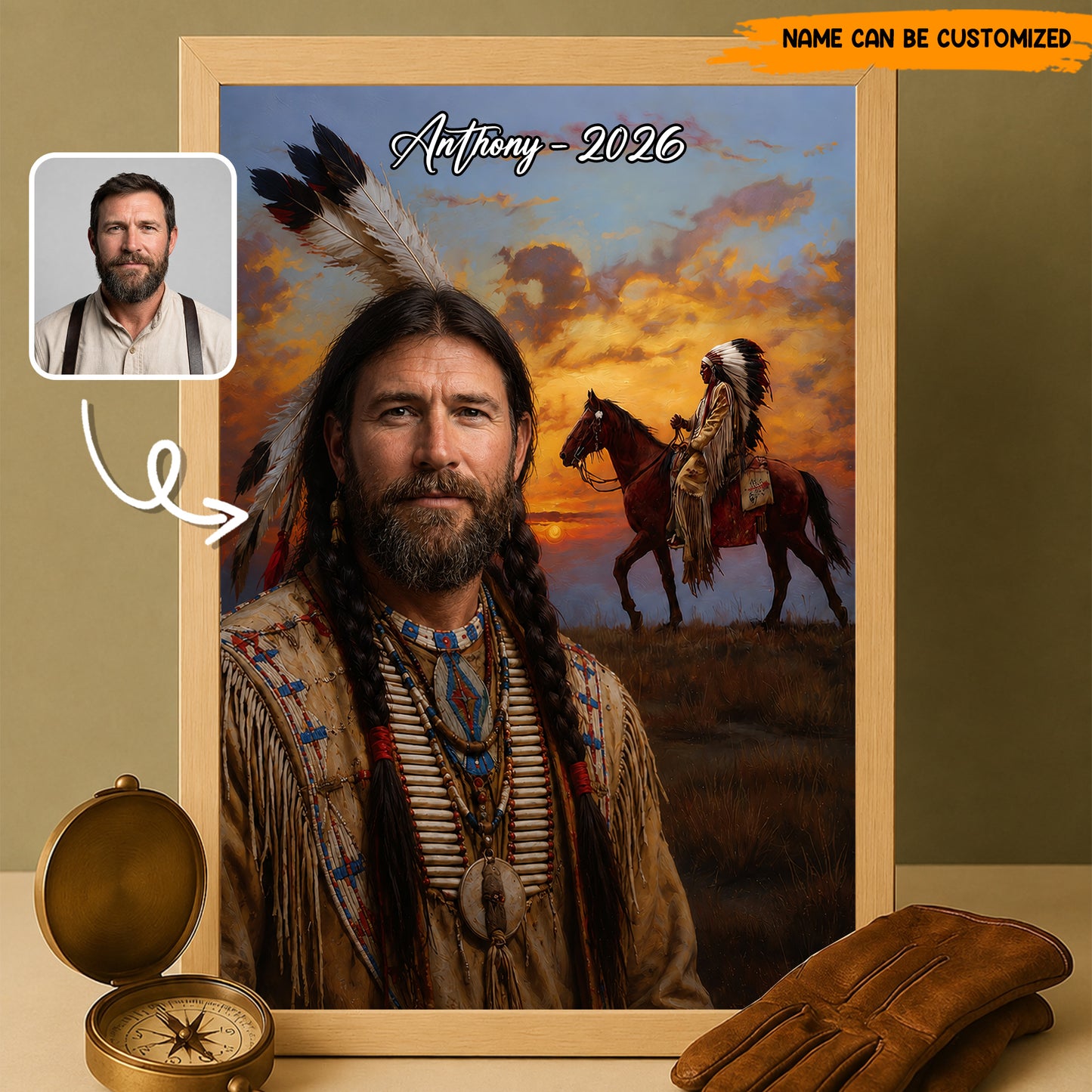 Custom Native American Portrait from Photo – Personalized Poster & Canvas Print for Men