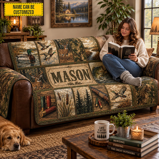 Custom Name Hunting & Fishing Sofa Cover, Personalized Wildlife Deer Mallard Bass Couch Slipcover
