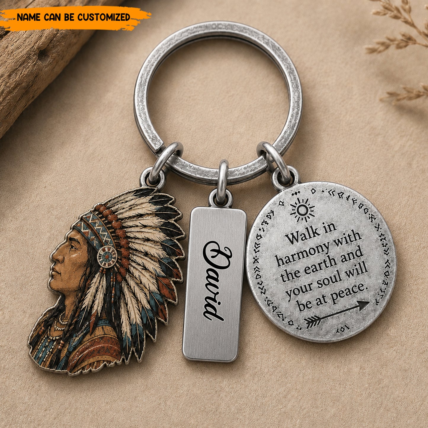 Personalized Native American Keychain, Custom Name Engraved Quote Keyring, Spiritual Chief Headdress Pendant Gift for Him