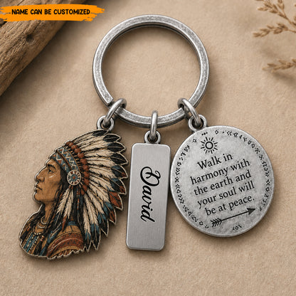 Personalized Native American Keychain, Custom Name Engraved Quote Keyring, Spiritual Chief Headdress Pendant Gift for Him