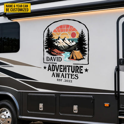 "Adventure Awaits" Vintage Decal Camping - Personalized Name And Year