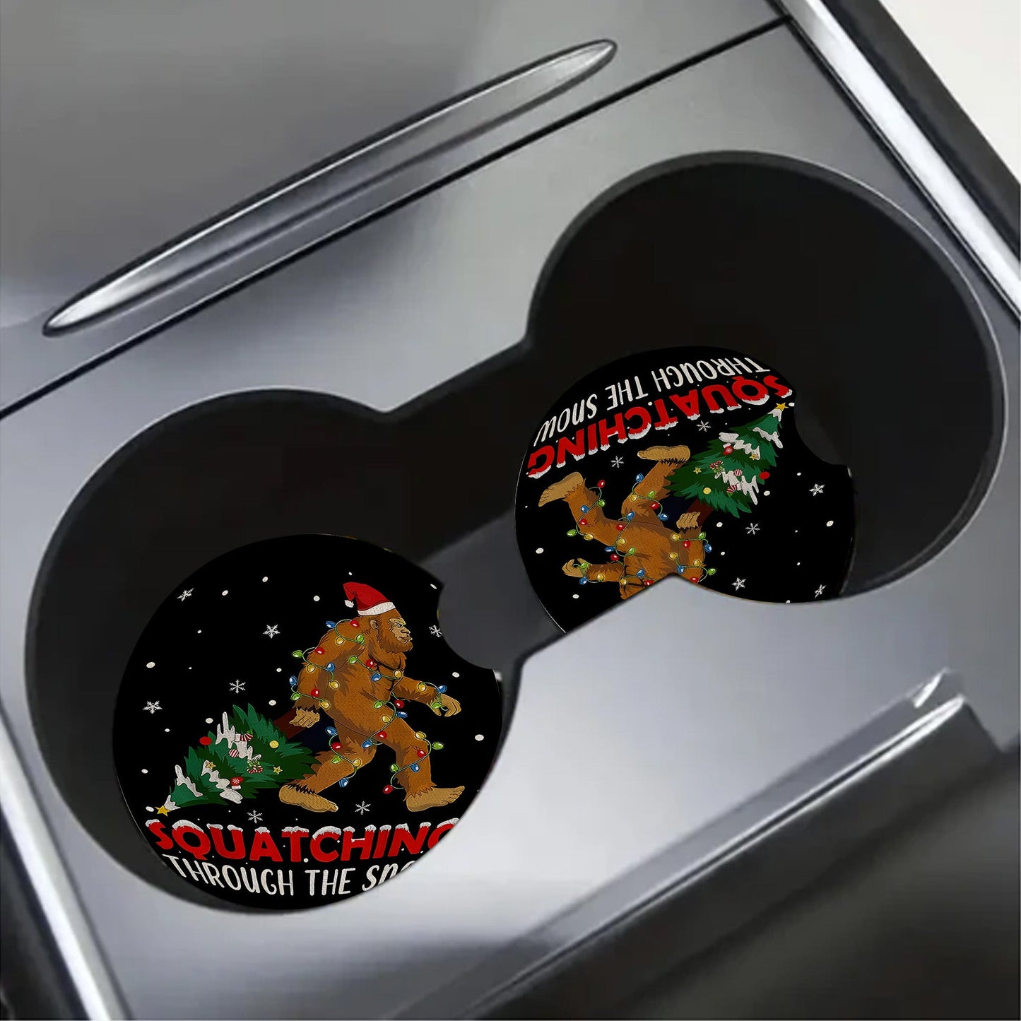 Funny Sasquatch & Christmas Tree Car Coaster