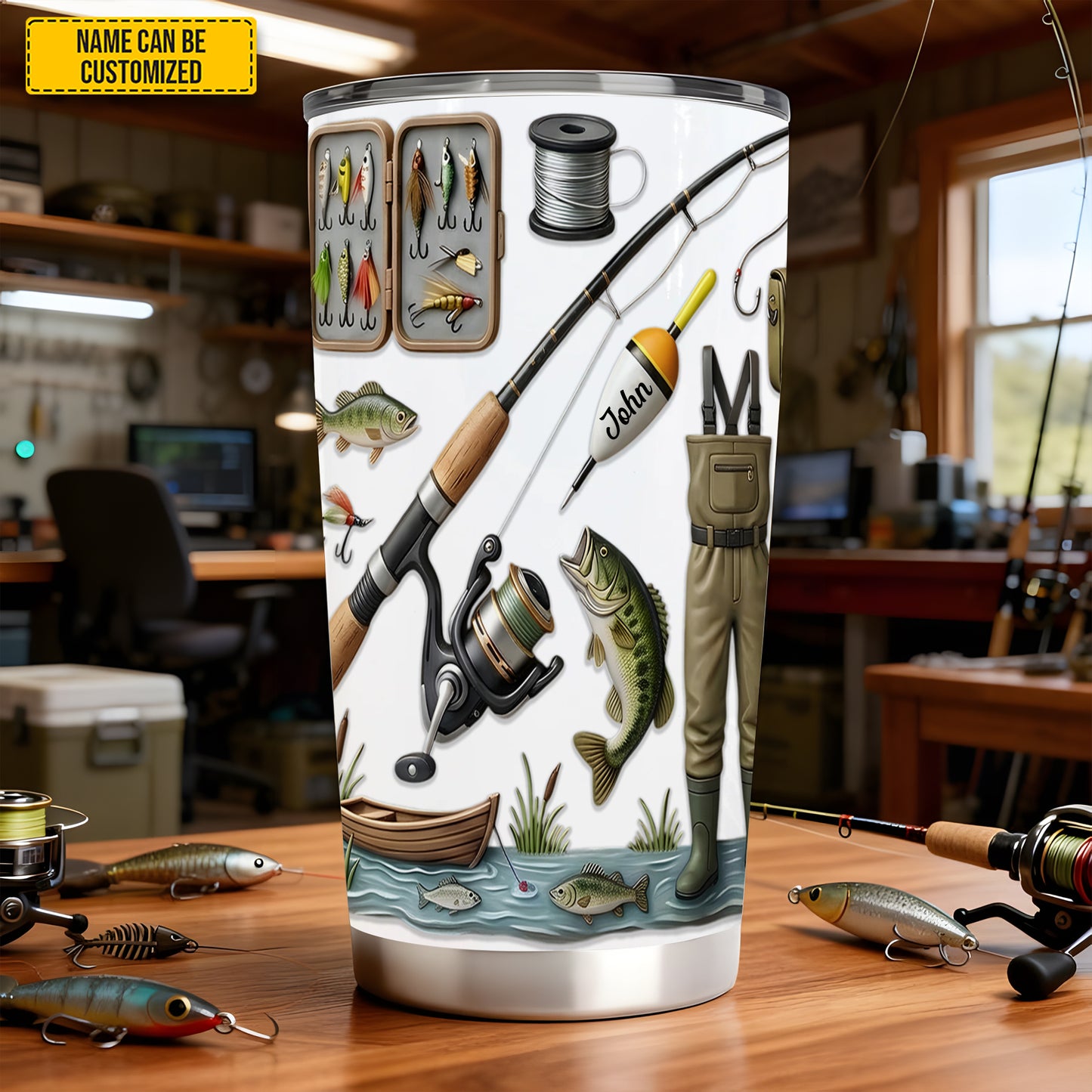 Personalized Fishing Gear Tumbler, Custom Fisherman Gift Stainless Steel Travel Mug