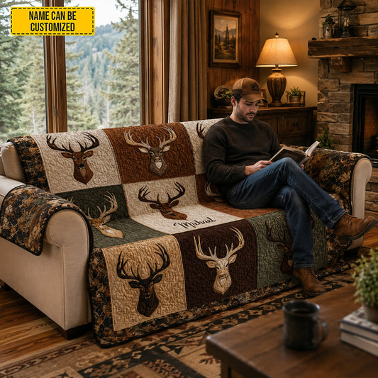 Personalized Quilted Sofa Cover – Rustic Buck & Stag Deer Hunting Decor
